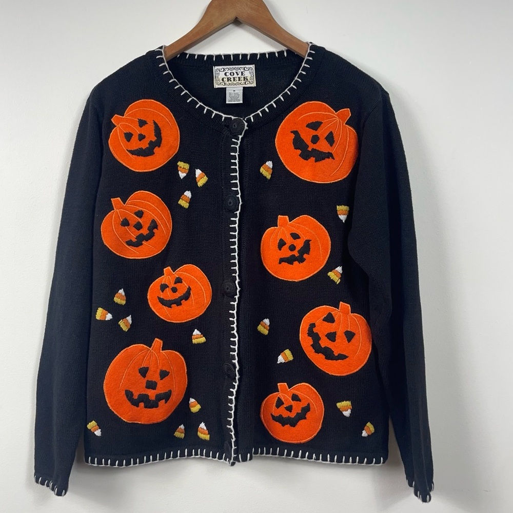 VTG Halloween Cardigan Pumpkin 90s Granny Embroidery Black Med Teacher Sweater - Picture 16 of 16